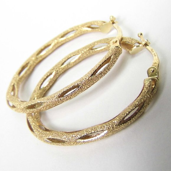 10K yellow GOLD Oval HOOP Cut out Earrings 1.25" - Picture 8 of 9